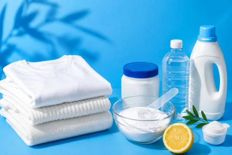 Produits et linge blanc utilisés pour blanchir un vêtement avec percarbonate, bicarbonate et solutions de nettoyage textile.