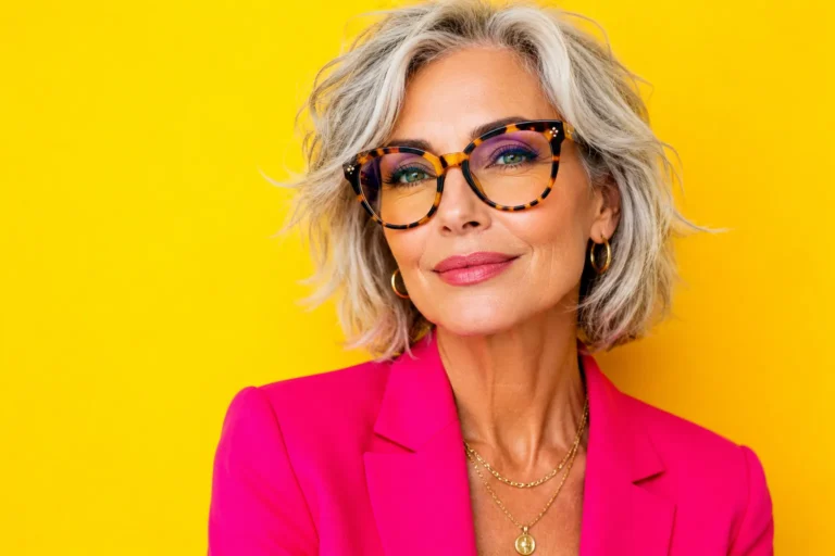 Femme élégante de 50 ans portant des lunettes tendance oversize écaille avec blazer rose vif sur fond jaune lumineux.