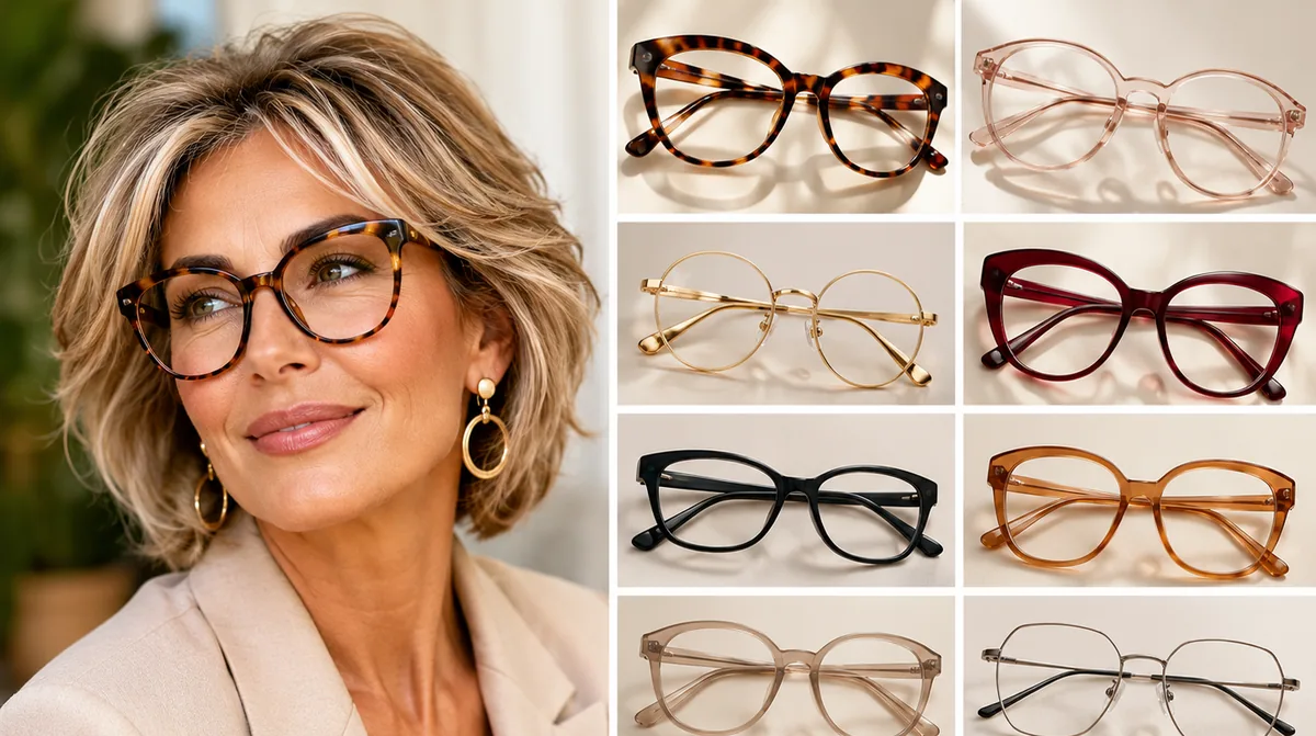 Femme élégante de 50 ans portant des lunettes écaille tendance 2026 avec sélection de montures modernes.