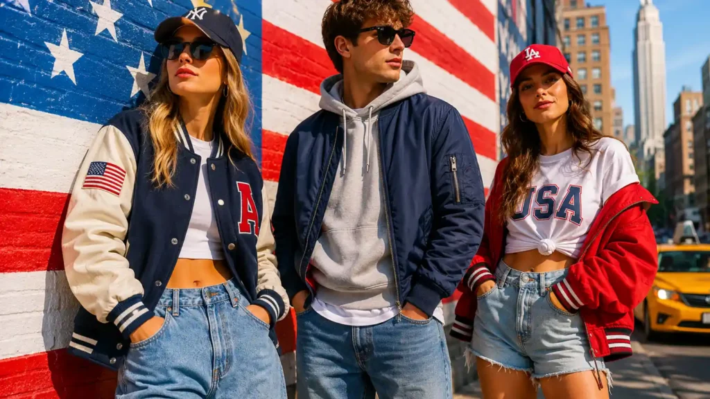 Groupe d’amis en tenue américaine streetwear avec jean, hoodie, veste varsity, casquettes et sneakers dans une ambiance urbaine aux couleurs USA.