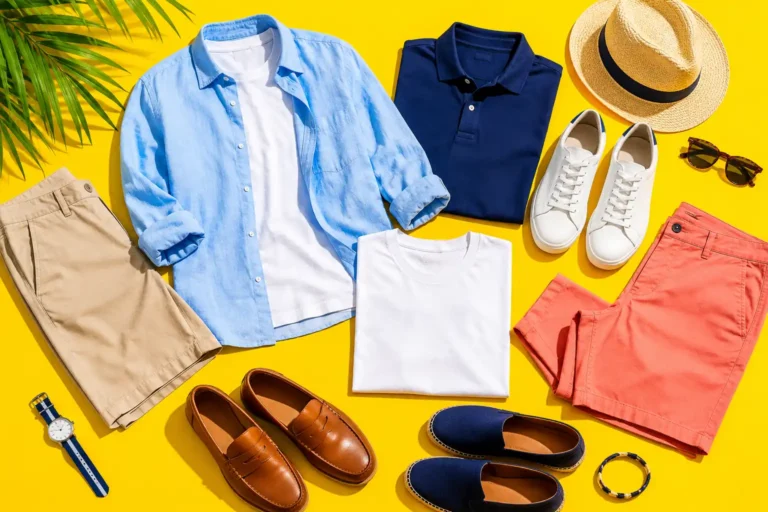 Tenue été homme avec chemise en lin, t-shirt blanc, shorts colorés, sneakers, mocassins, espadrilles et accessoires sur fond jaune vif.