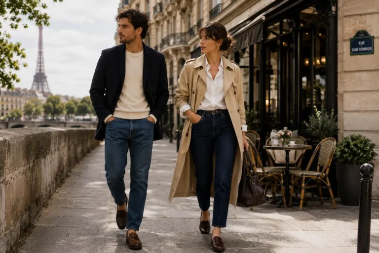 Homme et femme au style chic français marchant dans une rue parisienne élégante avec trench beige, blazer et jean droit dans une ambiance lumineuse.