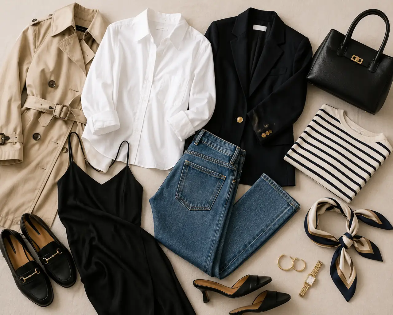 Tenue française chic avec trench beige, chemise blanche, blazer noir, jean droit et accessoires élégants sur fond neutre.