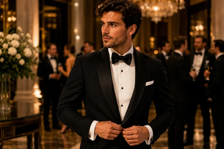 Homme élégant en smoking noir ajustant sa veste lors d’un gala luxueux avec ambiance dorée et éclairage raffiné.