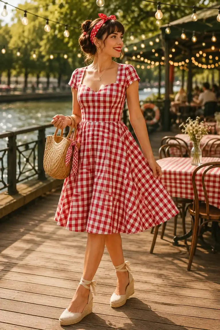 Femme portant une robe vichy rouge avec espadrilles compensées et panier en osier sur une terrasse guinguette au bord de l’eau.