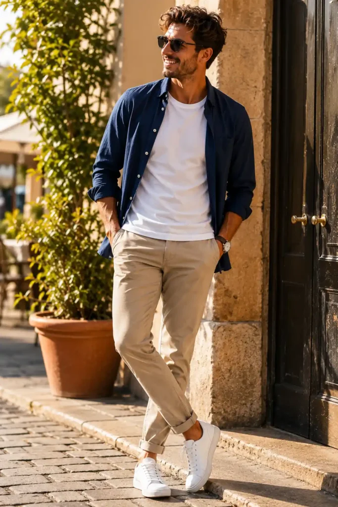 Homme avec tenue casual chic composée d’un chino beige, t-shirt blanc et sneakers dans une rue ensoleillée