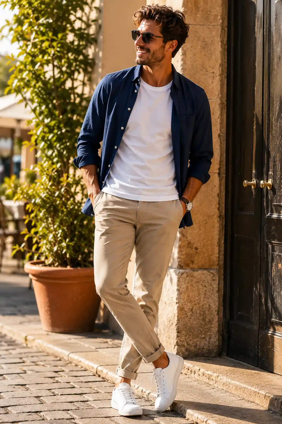 Homme avec tenue casual chic composée d’un chino beige, t-shirt blanc et sneakers dans une rue ensoleillée