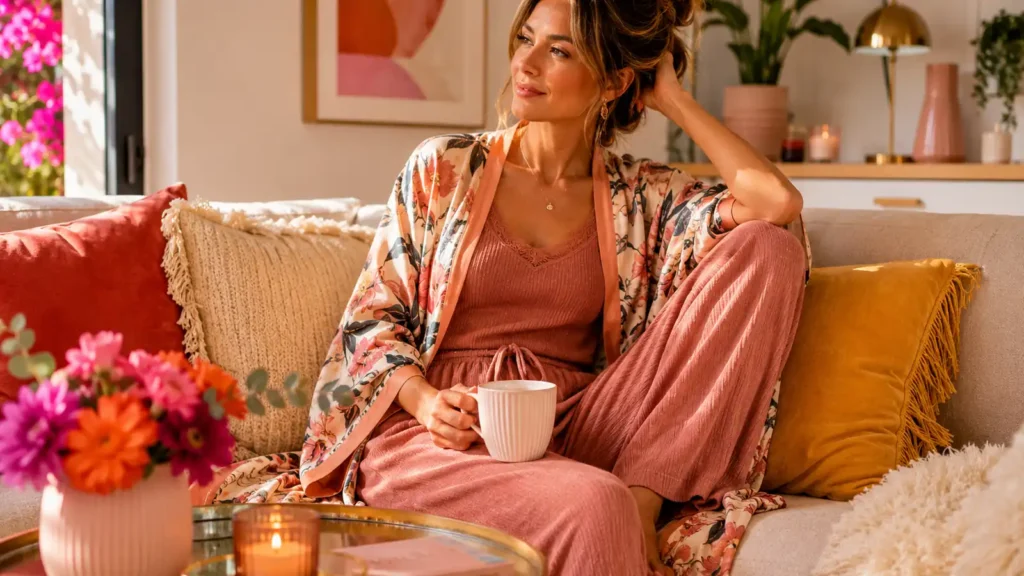 Femme en tenue d’intérieur chic avec ensemble loungewear rose et kimono fleuri dans un salon cosy lumineux.