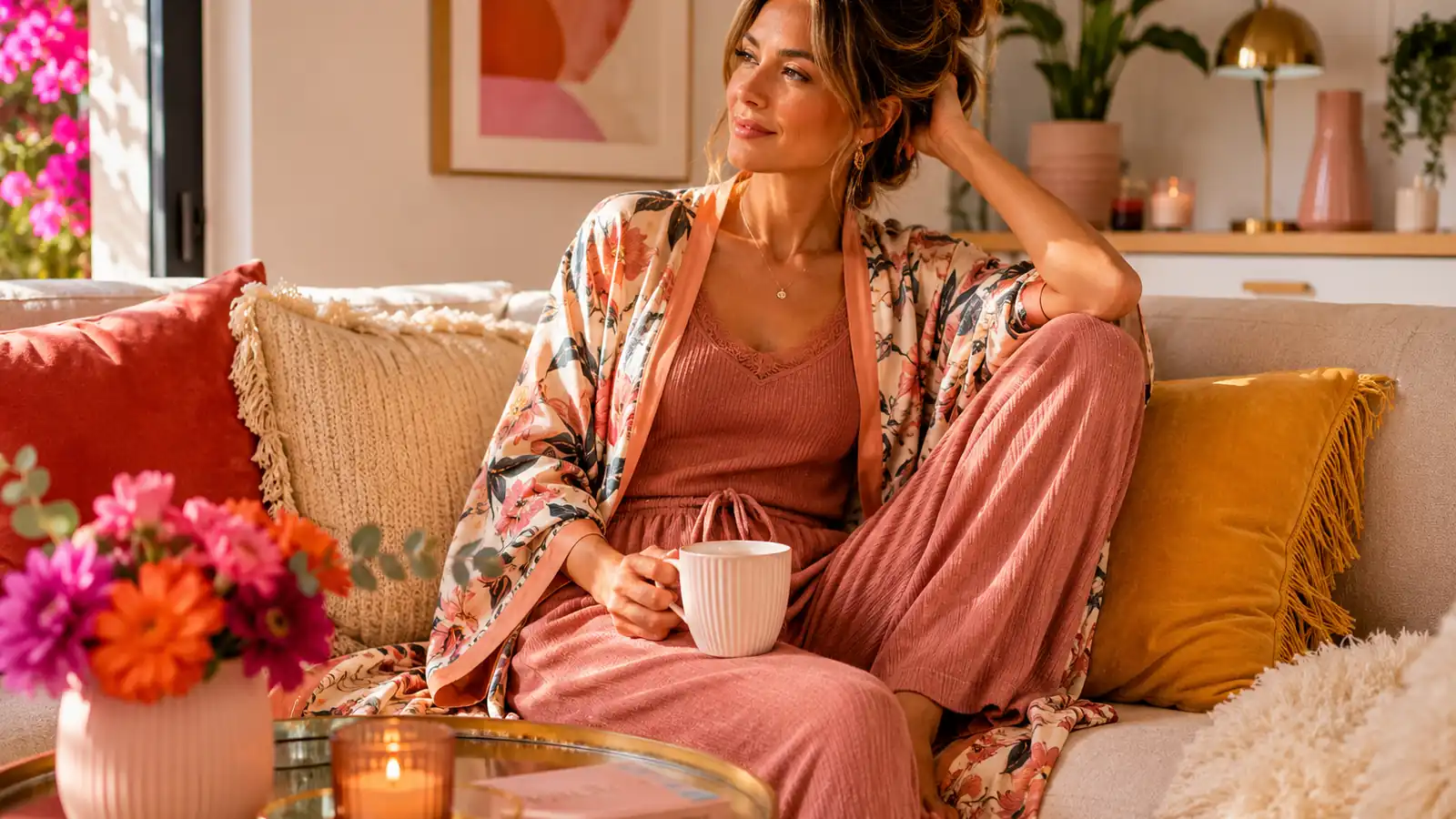 Femme en tenue d’intérieur chic avec ensemble loungewear rose et kimono fleuri dans un salon cosy lumineux.
