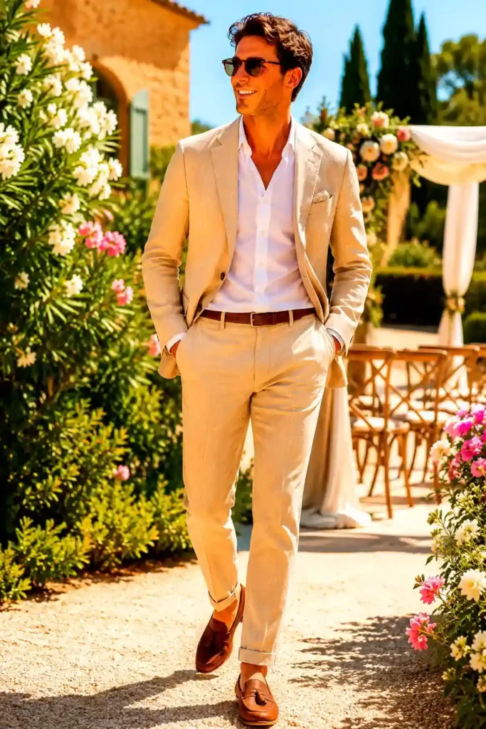 Homme élégant en costume beige clair dans un mariage d’été en extérieur avec ambiance méditerranéenne colorée