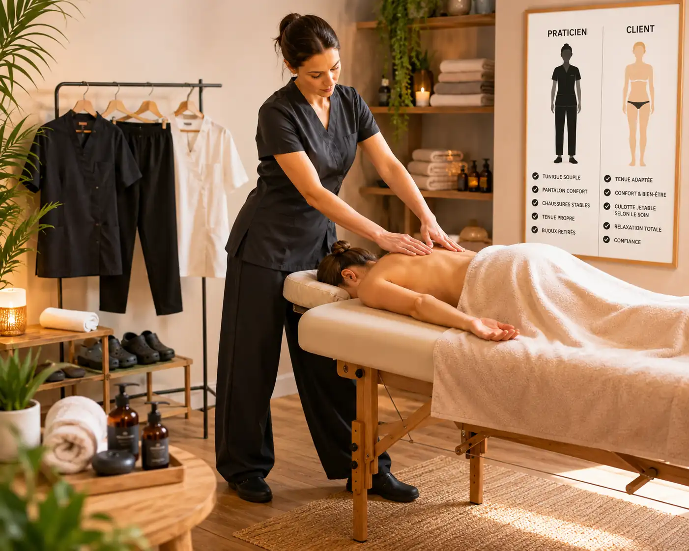 Praticienne en tenue de massage professionnelle réalisant un soin dans un spa lumineux avec table de massage et ambiance bien-être.