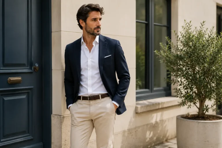 Homme élégant en blazer bleu marine, chemise blanche et pantalon beige devant une façade moderne.