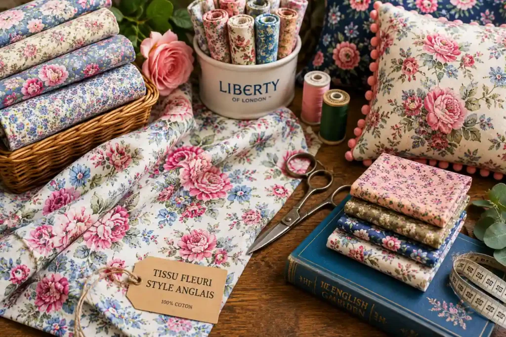 Tissus fleuris style anglais avec motifs floraux vintage, accessoires de couture et ambiance cottage colorée.