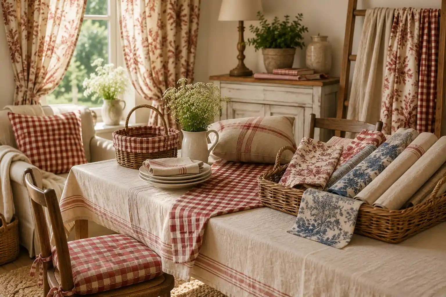 Intérieur campagne chic avec tissus en lin, carreaux vichy, motifs fleuris, rideaux naturels et paniers en osier.