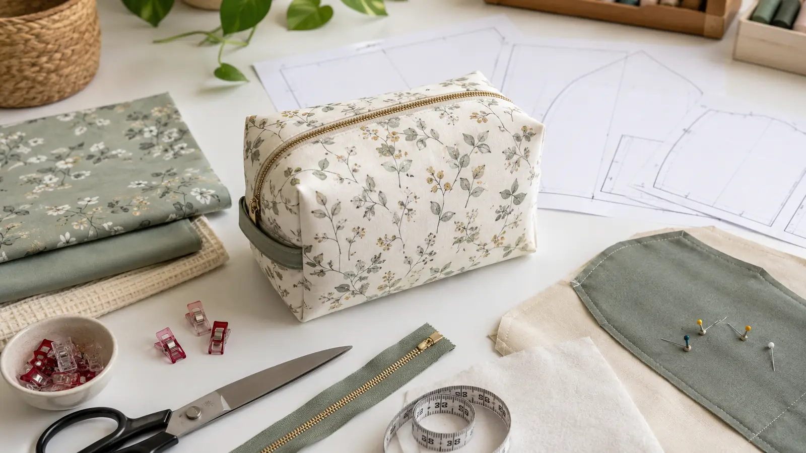 Image d’une trousse de toilette cousue main avec fermeture éclair, posée sur une table de couture avec tissu, patron imprimé, ciseaux, mètre ruban et accessoires de couture.