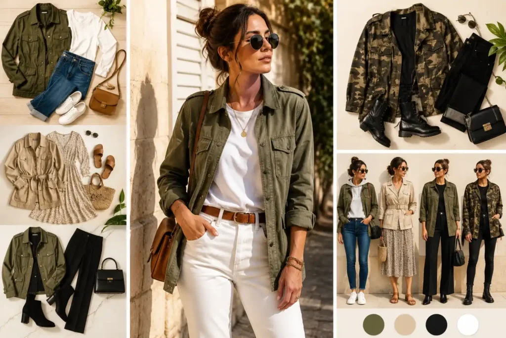 Femme portant une veste militaire kaki avec jean blanc, sac camel et lunettes dans un look casual chic lumineux.