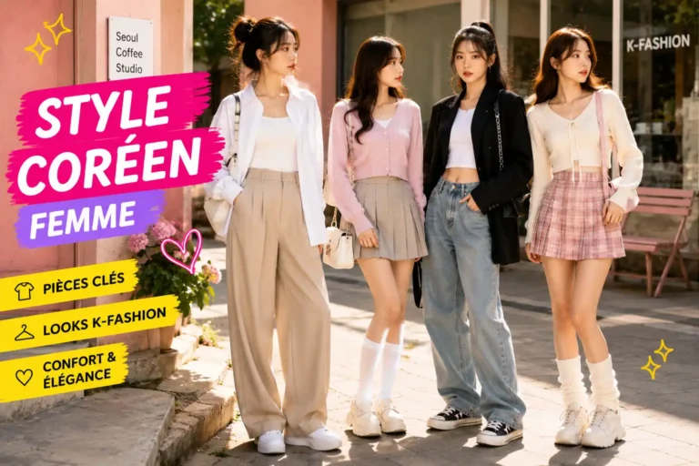 Femmes en vêtements style coréen avec chemise oversize, cardigan pastel, jupe plissée et pantalon large dans une rue colorée.