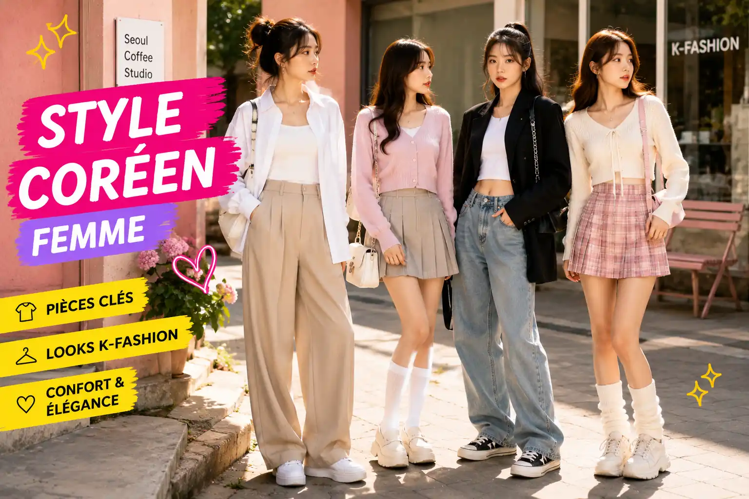 Femmes en vêtements style coréen avec chemise oversize, cardigan pastel, jupe plissée et pantalon large dans une rue colorée.