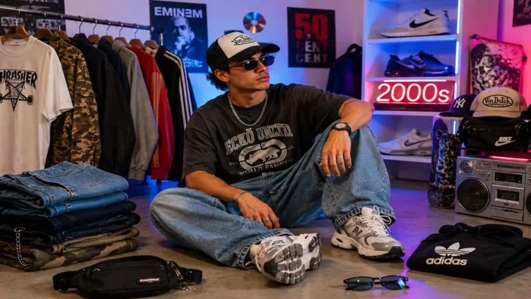 Homme en tenue streetwear années 2000 avec jean baggy, sneakers épaisses, casquette trucker et vêtements Y2K dans une ambiance colorée.