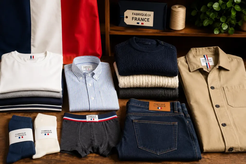 Collection de vêtements homme made in France avec jean, chemise, pull, t-shirt et accessoires aux couleurs françaises sur fond chaleureux.
