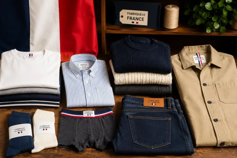 Collection de vêtements homme made in France avec jean, chemise, pull, t-shirt et accessoires aux couleurs françaises sur fond chaleureux.