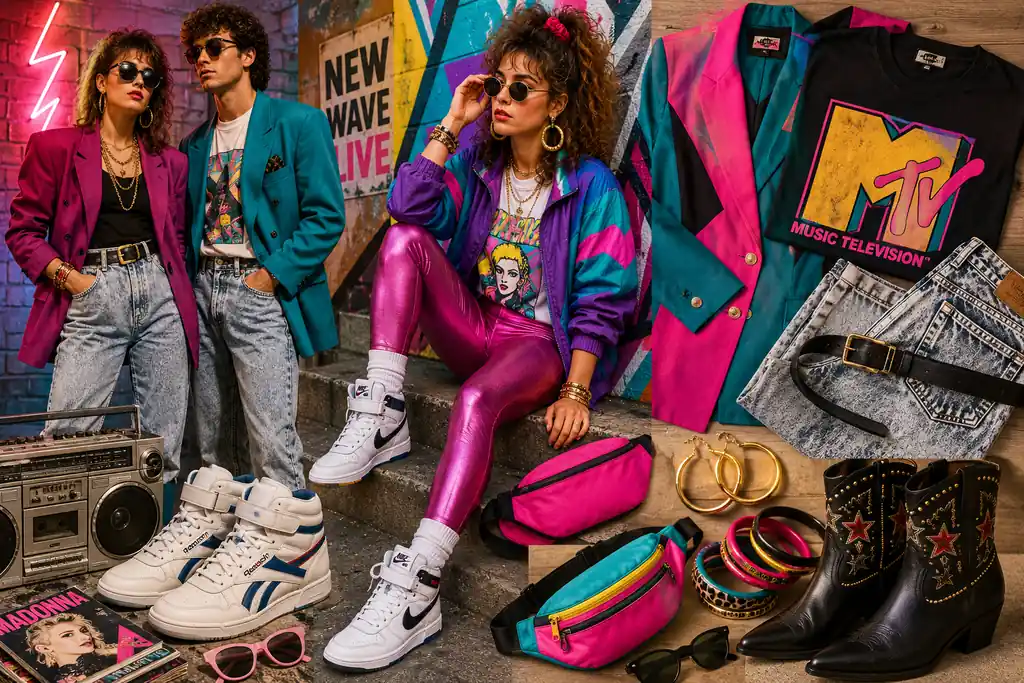 Image d’un look vintage années 80 coloré avec blazer oversize, jean délavé, baskets montantes, paillettes, accessoires rétro, sac banane et ambiance néon.
