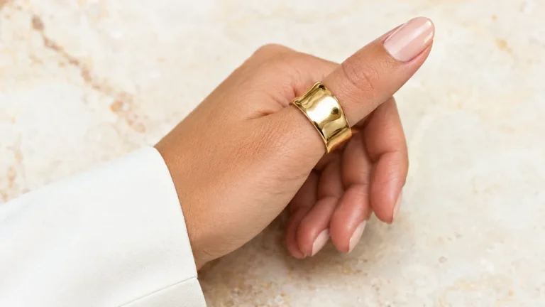 Bague au pouce femme dorée portée sur une main soignée avec manucure nude, symbole d’affirmation et de style personnel.