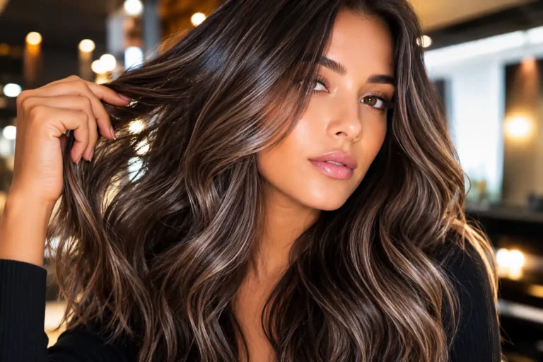 Femme brune avec balayage marron glacé lumineux aux reflets froids dans un salon de coiffure moderne