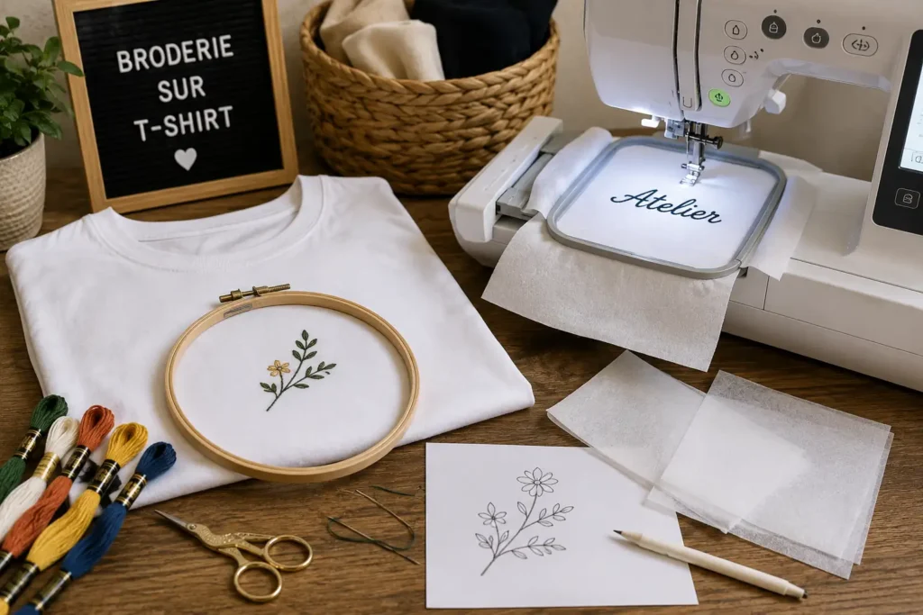 Broderie sur tee shirt blanc avec tambour à broder, fils colorés et machine à broder dans un atelier couture.