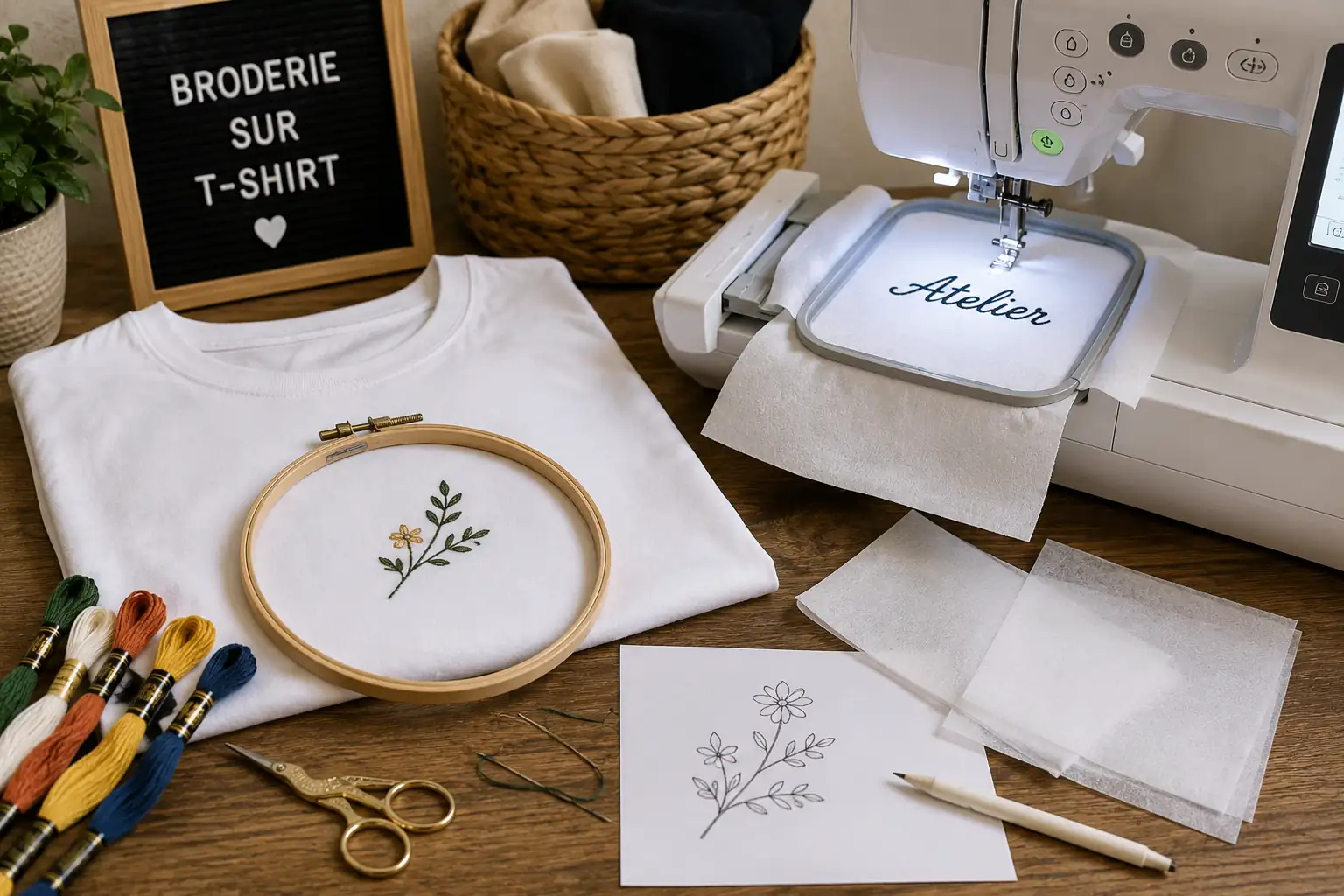 Broderie sur tee shirt blanc avec tambour à broder, fils colorés et machine à broder dans un atelier couture.