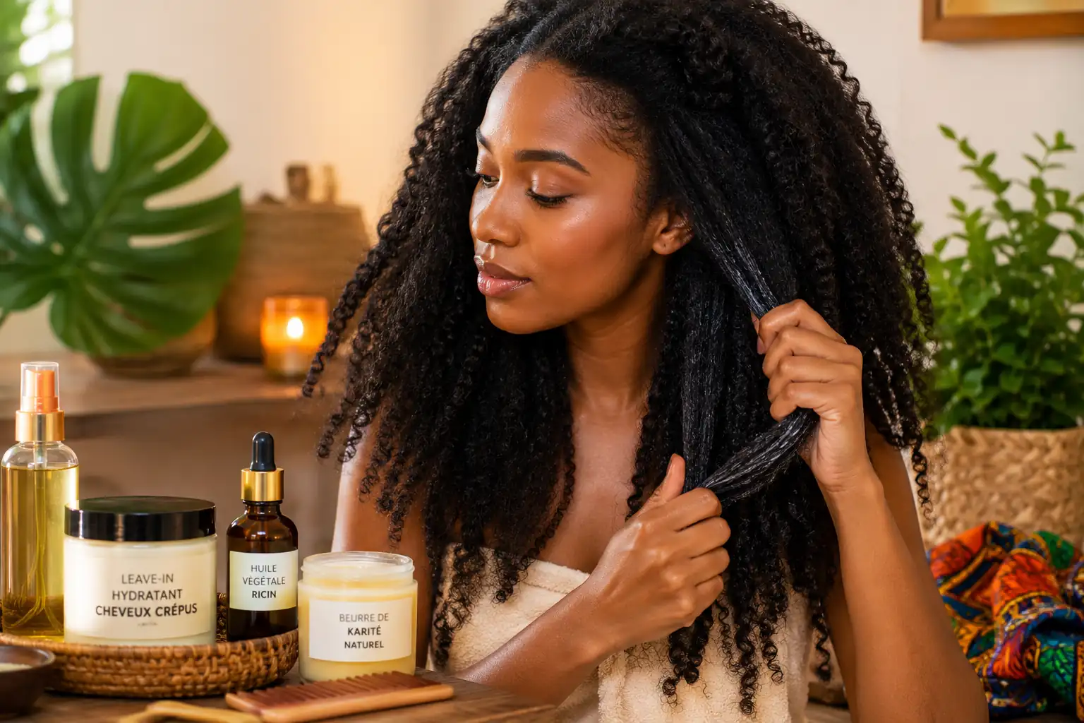 Femme aux cheveux crépus longs appliquant un soin hydratant dans une routine capillaire naturelle pour préserver les longueurs.