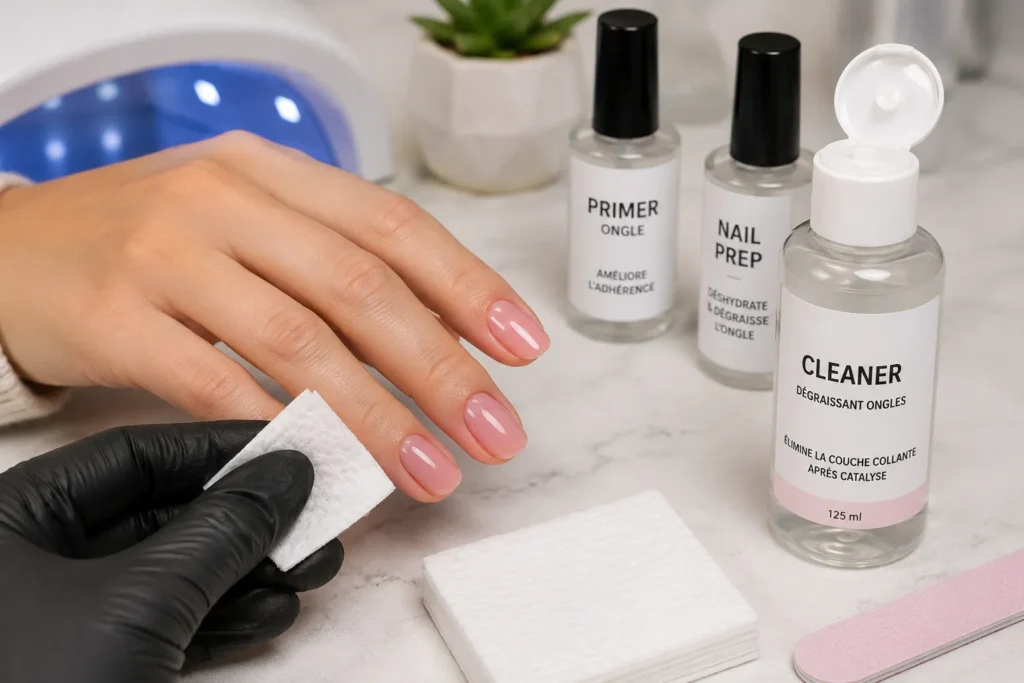 Utilisation d’un cleaner pour les ongles après une manucure gel avec coton cellulose