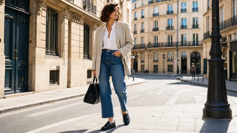 Femme portant des mocassins noirs avec un jean droit et un blazer clair dans une tenue casual chic en ville.