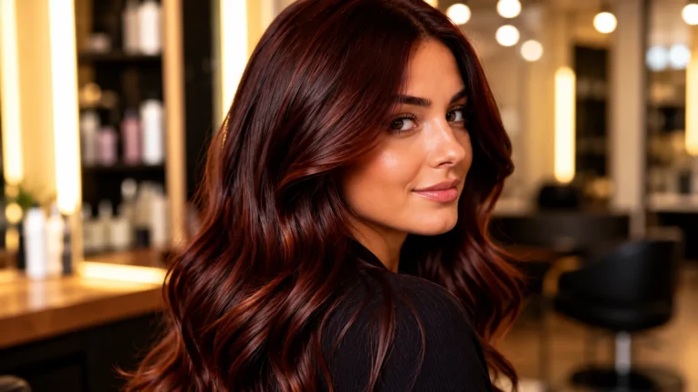 Femme avec une couleur cheveux chocolat acajou aux reflets rouge-brun lumineux dans un salon de coiffure moderne