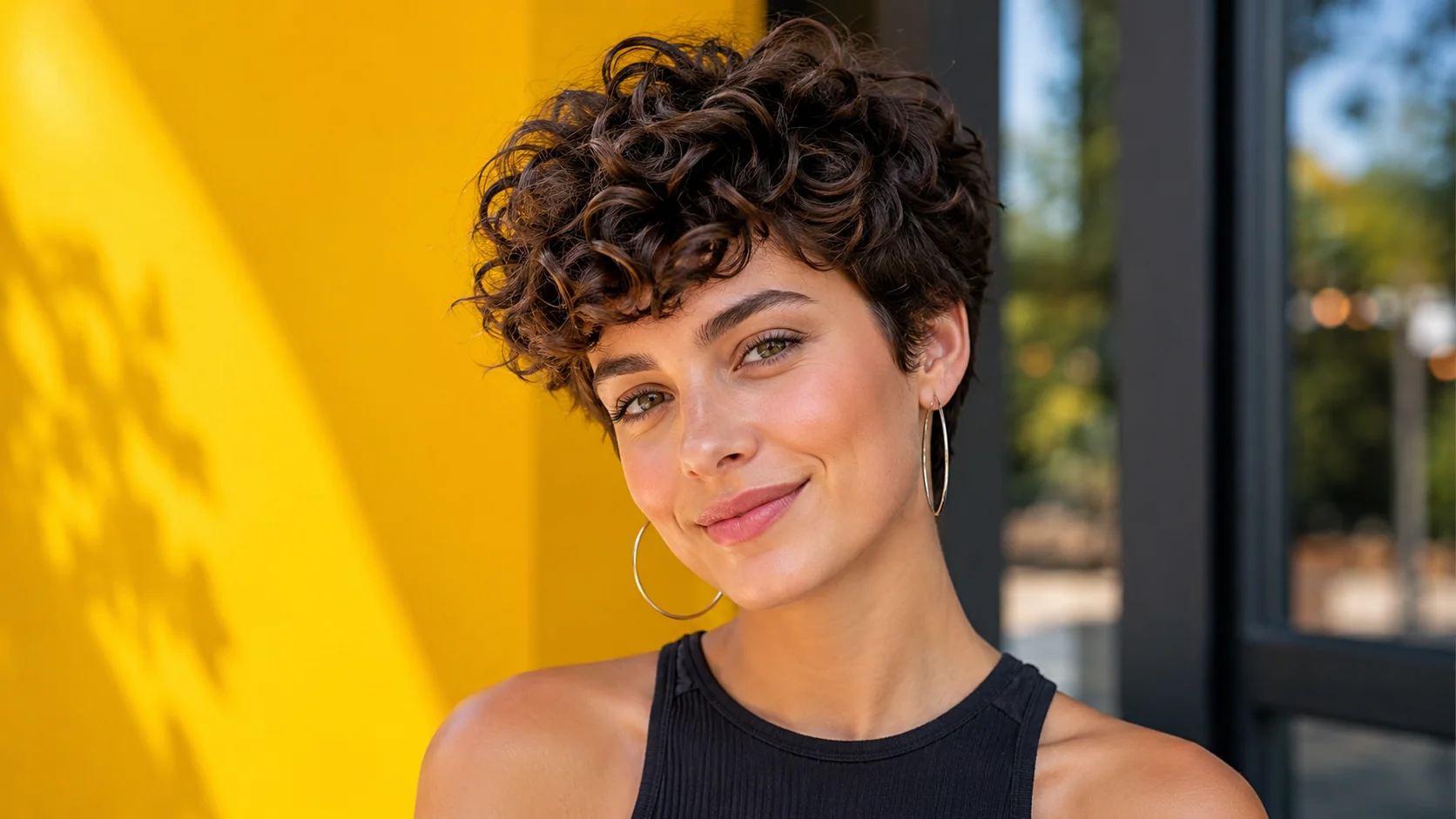 Coupe courte bouclée femme avec pixie cut moderne et boucles définies, mise en valeur dans un style coiffure tendance et lumineux.