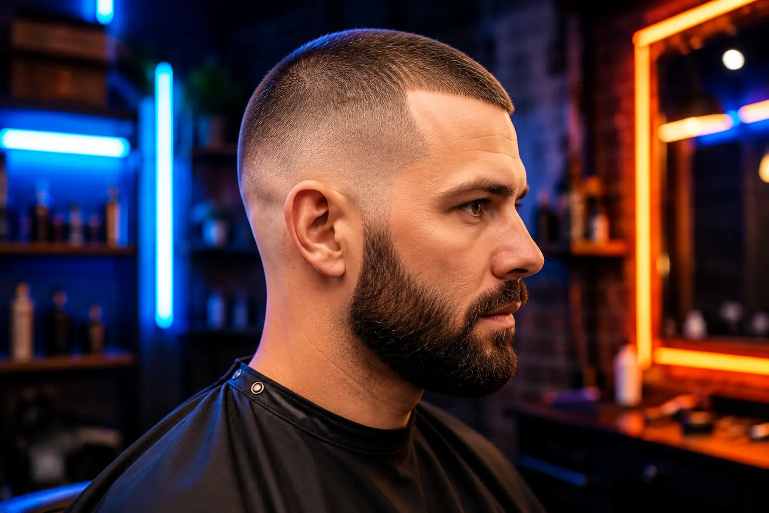 Homme avec coupe courte pour calvitie et barbe soignée dans un salon de coiffure moderne aux lumières colorées