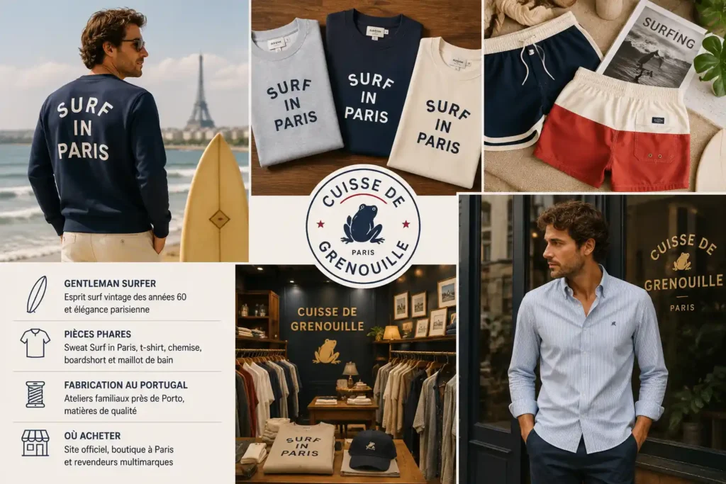 Vêtements Cuisse de Grenouille présentés dans un univers surf vintage et élégance parisienne avec tenues homme, maillots de bain et boutique de la marque.