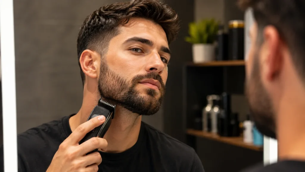 Homme réalisant un dégradé barbe courte avec une tondeuse de précision devant un miroir pour obtenir un fondu net et des contours soignés.