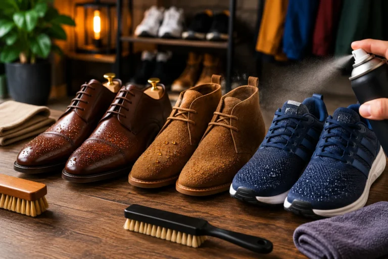 Imperméabilisation de chaussures en cuir, daim et textile avec spray protecteur, entretien et protection contre l’eau et les taches.