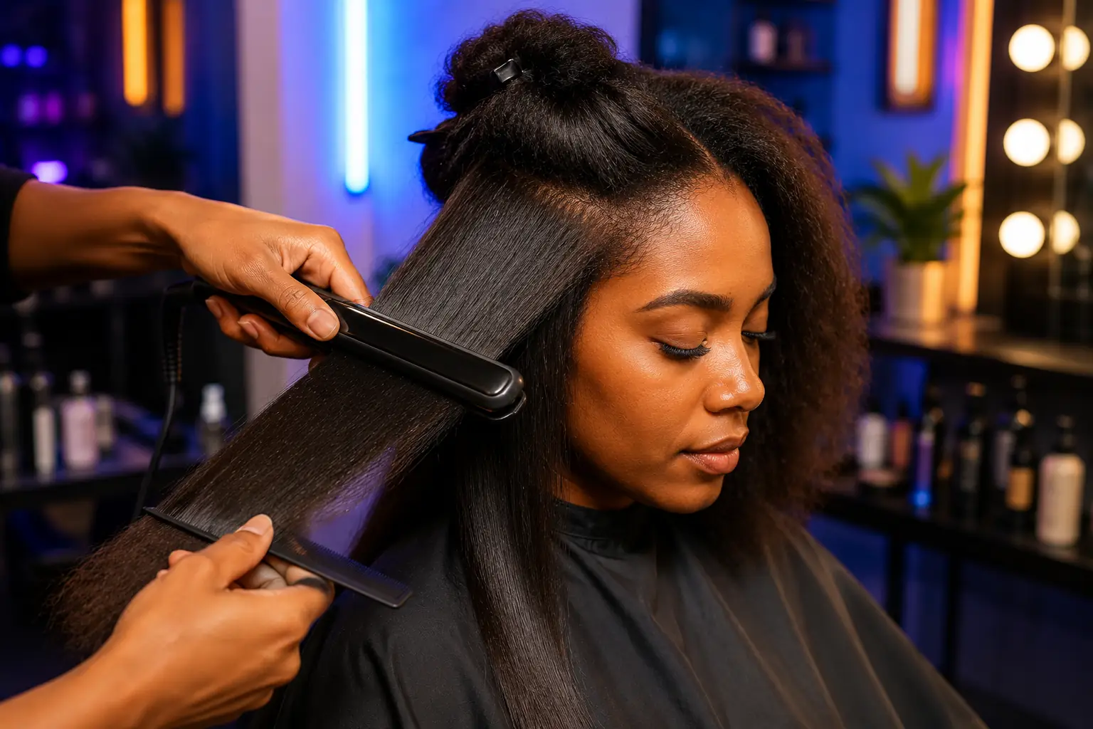 Coiffeuse réalisant un lissage sur des cheveux crépus dans un salon de coiffure moderne avec éclairage coloré