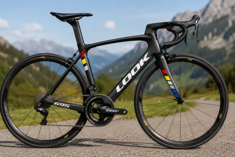 Vélo de route carbone Look 695 noir vu de profil sur une route de montagne, avec roues carbone, cadre aérodynamique et pédalier ZED 2 dans un paysage lumineux.