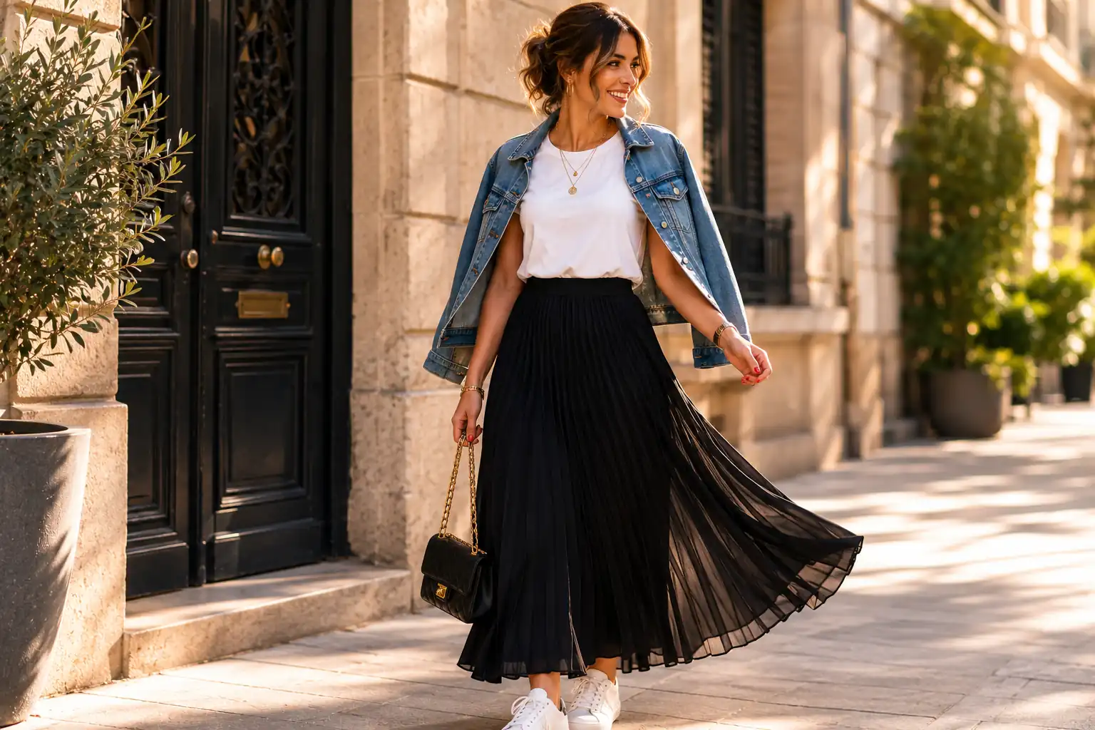 Femme portant une jupe longue plissée noire avec t-shirt blanc et veste en jean dans une rue élégante, look casual chic moderne et féminin.