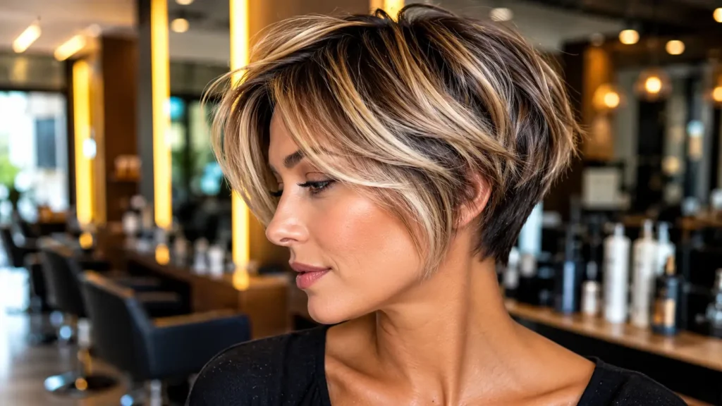 Femme avec coupe courte méchée blonde et caramel dans un salon de coiffure moderne illustrant un modèle couleur mèche cheveux court