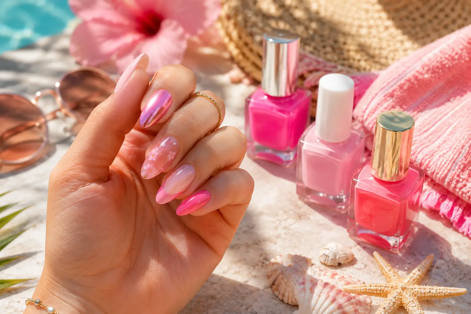 Manucure rose été avec ongles en dégradé pastel, finition chrome et jelly dans une ambiance estivale lumineuse.