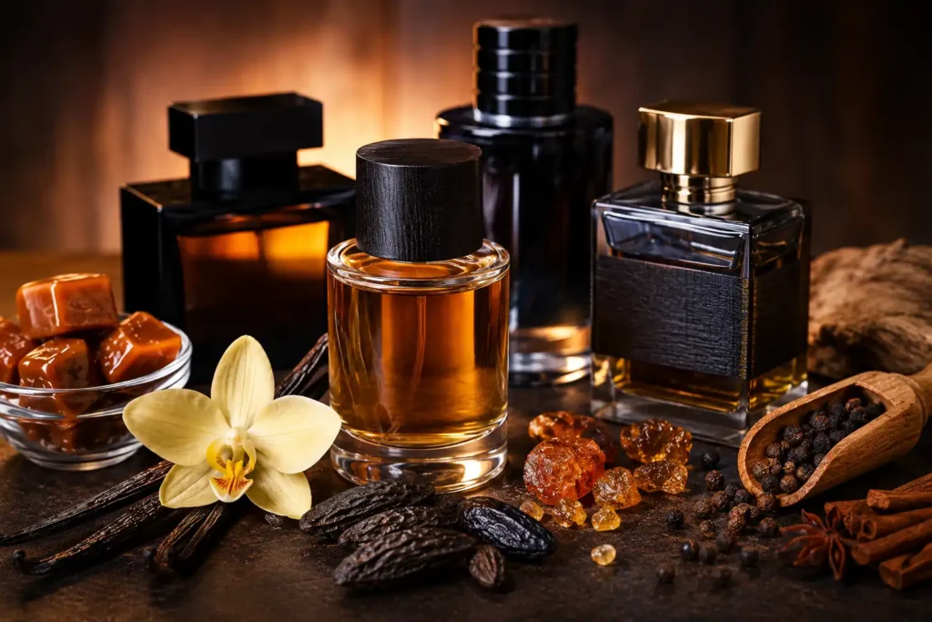Parfum sucré homme avec flacons élégants et notes gourmandes de vanille, fève tonka, caramel et épices dans une ambiance chaleureuse et masculine.