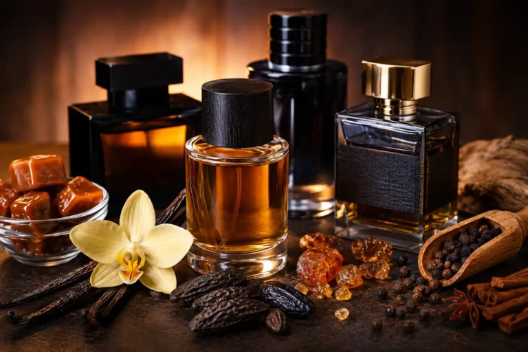 Parfum sucré homme avec flacons élégants et notes gourmandes de vanille, fève tonka, caramel et épices dans une ambiance chaleureuse et masculine.
