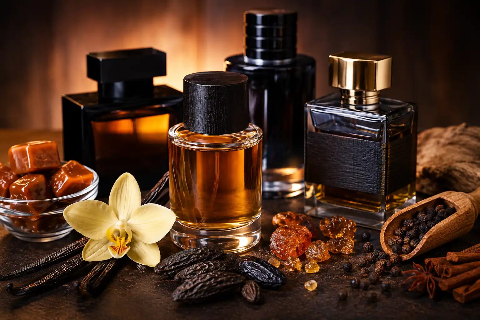 Parfum sucré homme avec flacons élégants et notes gourmandes de vanille, fève tonka, caramel et épices dans une ambiance chaleureuse et masculine.