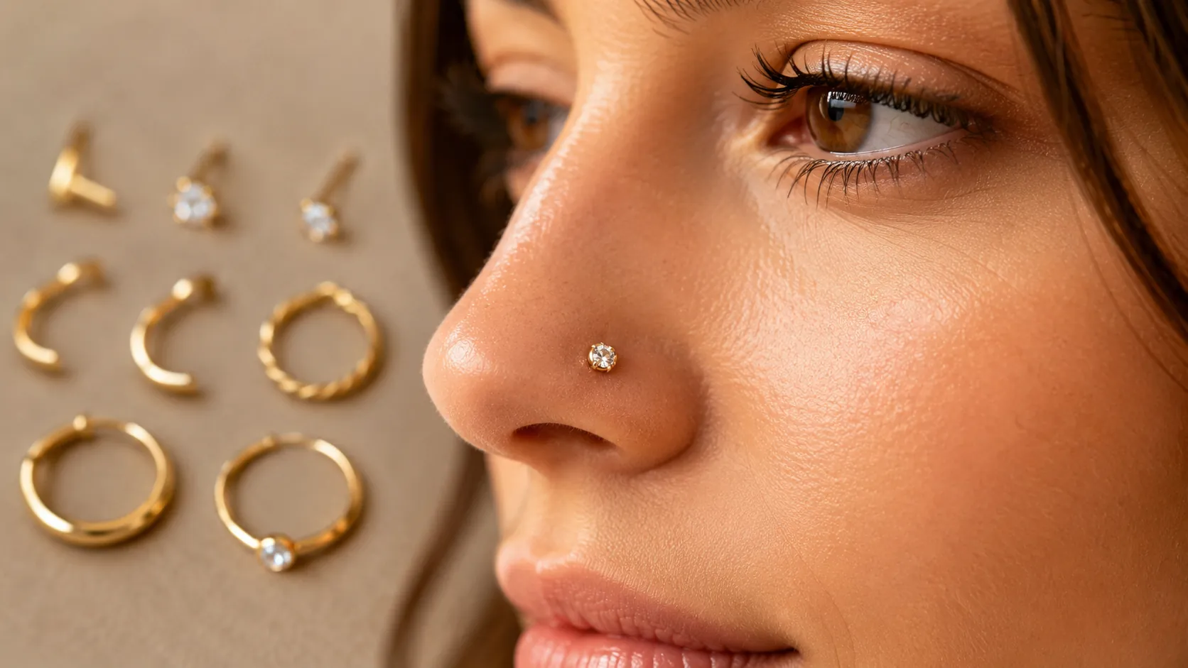 Femme portant un piercing pour nez en or avec pierre brillante sur la narine dans un gros plan beauté