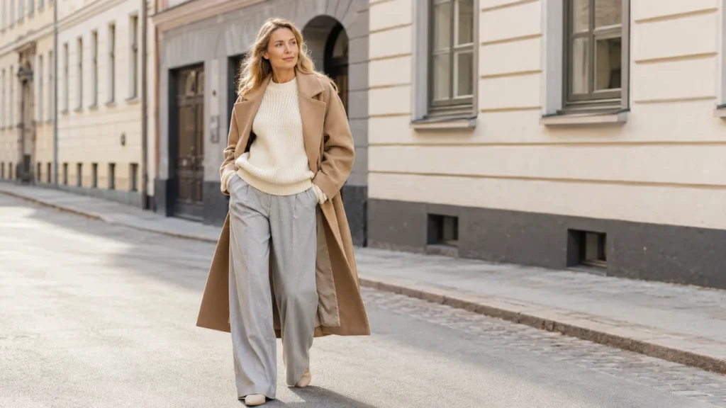 Femme portant un pull Stockholm style en maille crème avec pantalon large gris et manteau camel dans une tenue scandinave chic.