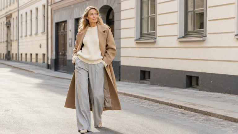 Femme portant un pull Stockholm style en maille crème avec pantalon large gris et manteau camel dans une tenue scandinave chic.